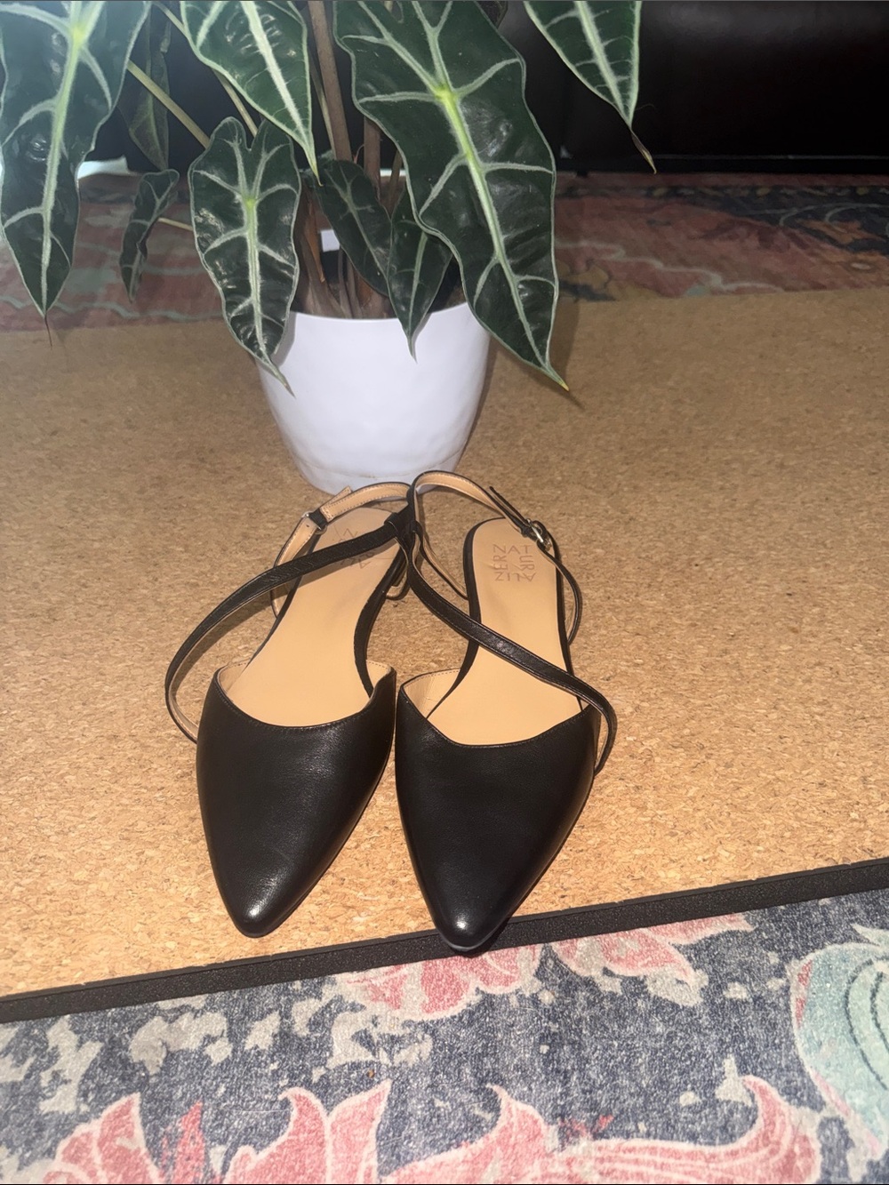 Naturalizer Black Pointed Toe Slingback Flats with Cross Straps